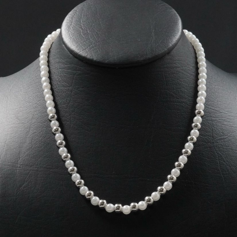 COLLAR PERLAS BLANCO PLATEADO INTERCALAD